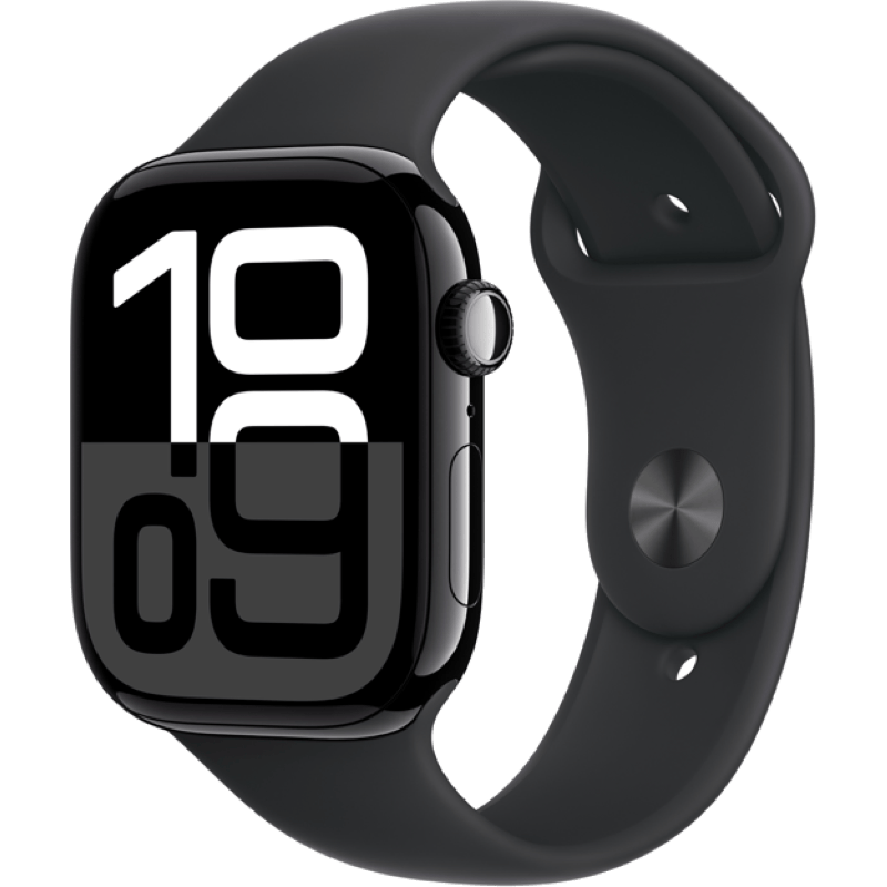 Apple Watch S10 GPS + eSIM (Cellular) 42mm czarna opaska front lewy obrót