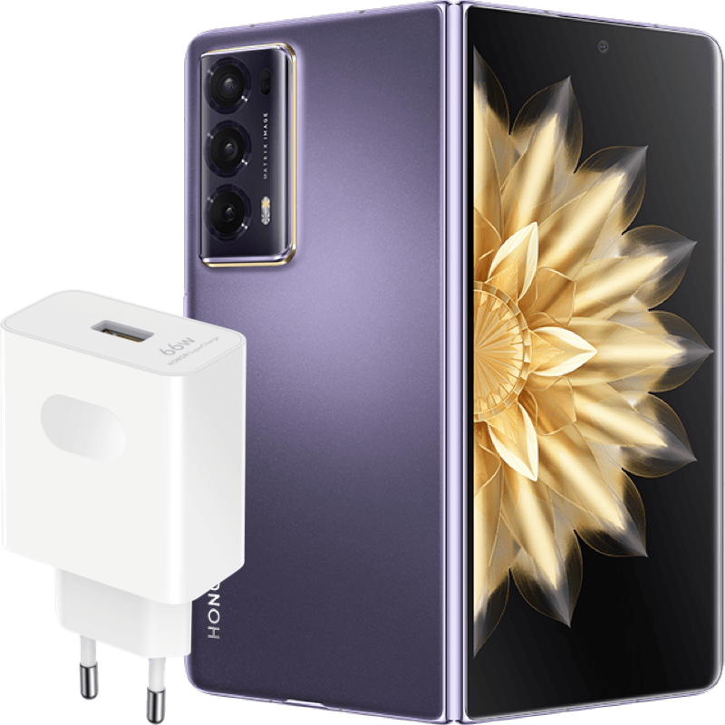 HONOR Magic V2 5G 16/512GB+ŁADOWARKA 66W fioletowy front i tył z ładowarką