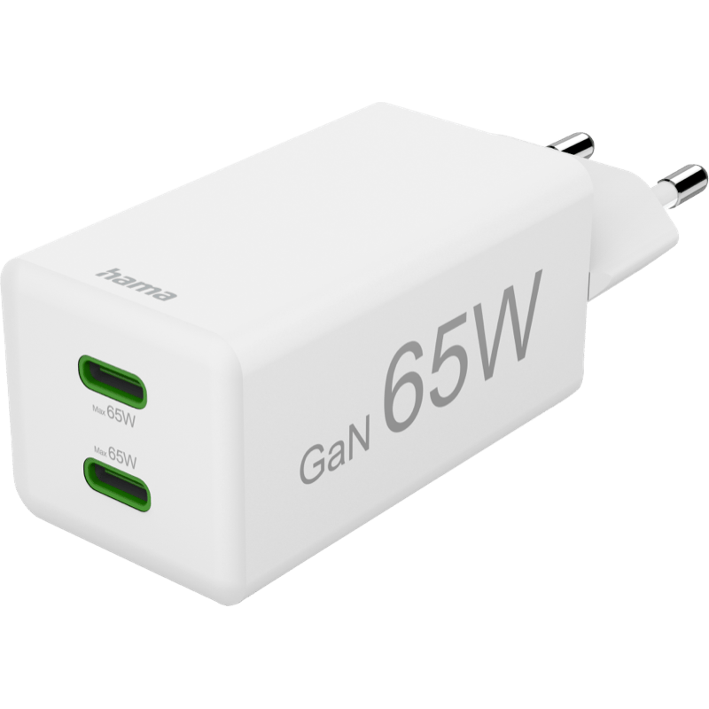 Hama Ładowarka Sieciowa Mini 65W Gan PD/QC 2X USB-C biała front lewy skos 1